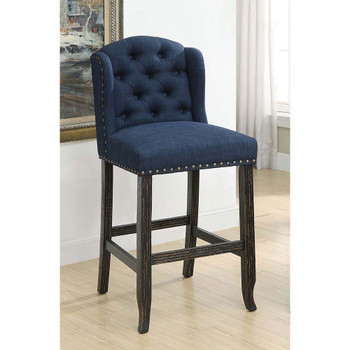 Furniture of America IDF-3324BK-BL-BCW Lubbers Rustic Button Tufted Bar Chairs in Blue and Antique Black (Set of 2)