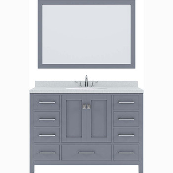 Virtu USA GS-50048-DWQRO-GR-002 Caroline Avenue 48" Single Bath Vanity in Grey with Dazzle White Top and Round Sink with Polished Chrome Faucet and Mirror