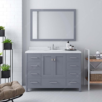 Virtu USA GS-50048-DWQRO-GR-002 Caroline Avenue 48" Single Bath Vanity in Grey with Dazzle White Top and Round Sink with Polished Chrome Faucet and Mirror