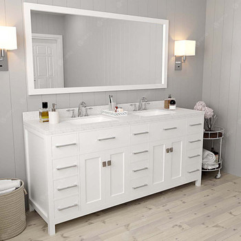 Virtu USA MD-2172-DWQSQ-WH-002 Caroline Parkway 72" Double Bath Vanity in White with Dazzle White Top and Square Sink with Polished Chrome Faucet and Mirror