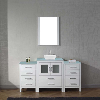 Virtu USA KS-70064-G-WH-001 Dior 64" Single Bath Vanity in White with Aqua Tempered Glass Top and Square Sink with Brushed Nickel Faucet and Mirror