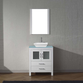 Virtu USA KS-70028-C-WH-001 Dior 28" Single Bath Vanity in White with Slim White Ceramic Top and Square Sink with Brushed Nickel Faucet and Mirror