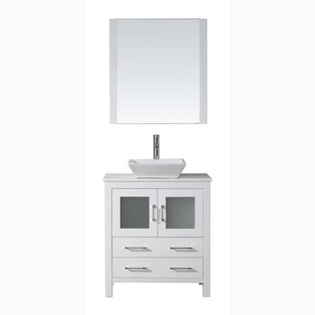 Virtu USA KS-70030-S-WH Dior 30" Single Bath Vanity in White with White Engineered Stone Top and Square Sink with Polished Chrome Faucet and Mirror