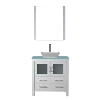 Virtu USA KS-70032-G-WH-001 Dior 32" Single Bath Vanity in White with Aqua Tempered Glass Top and Square Sink with Brushed Nickel Faucet and Mirror