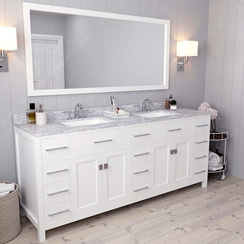 Virtu USA MD-2178-WMSQ-WH-001 Caroline Parkway 78" Double Bath Vanity in White with Marble Top and Square Sink with Brushed Nickel Faucet and Mirror