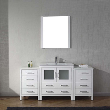 Virtu USA KS-70066-C-WH Dior 66" Single Bath Vanity in White with Slim White Ceramic Top and Square Sink with Polished Chrome Faucet and Mirror