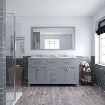Virtu USA MD-2060-WMSQ-GR Caroline 60" Double Bath Vanity in Grey with Marble Top and Square Sink with Mirror