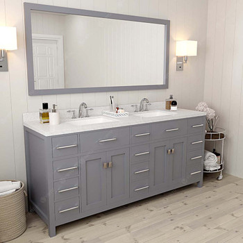 Virtu USA MD-2172-DWQSQ-GR-001 Caroline Parkway 72" Double Bath Vanity in Grey with Dazzle White Top and Square Sink with Brushed Nickel Faucet and Mirror