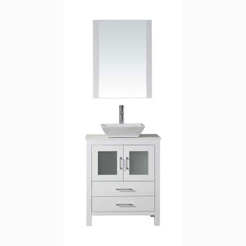 Virtu USA KS-70028-S-WH Dior 28" Single Bath Vanity in White with White Engineered Stone Top and Square Sink with Polished Chrome Faucet and Mirror