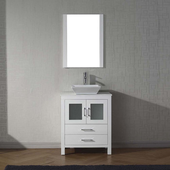 Virtu USA KS-70028-S-WH Dior 28" Single Bath Vanity in White with White Engineered Stone Top and Square Sink with Polished Chrome Faucet and Mirror