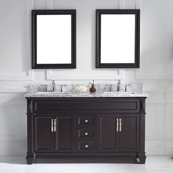 Virtu USA MD-2660-WMSQ-ES-001 Victoria 60" Double Bath Vanity in Espresso with Marble Top and Square Sink with Brushed Nickel Faucet and Mirrors
