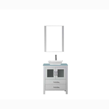 Virtu USA KS-70028-G-WH Dior 28" Single Bath Vanity in White with Aqua Tempered Glass Top and Square Sink with Polished Chrome Faucet and Mirror