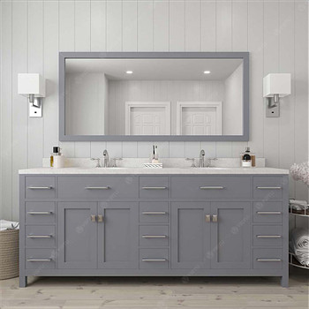 Virtu USA MD-2178-DWQSQ-GR-002 Caroline Parkway 78" Double Bath Vanity in Grey with Dazzle White Top and Square Sink with Polished Chrome Faucet and Mirror