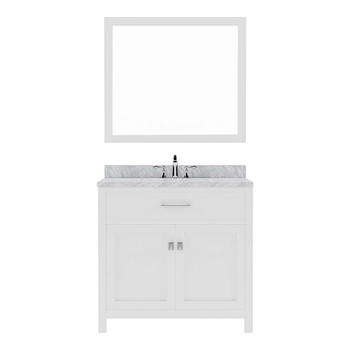 Virtu USA MS-2036-WMRO-WH-001 Caroline 36" Single Bath Vanity in White with Marble Top and Round Sink with Brushed Nickel Faucet and Mirror