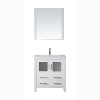 Virtu USA KS-70030-C-WH Dior 30" Single Bath Vanity in White with Slim White Ceramic Top and Square Sink with Polished Chrome Faucet and Mirror