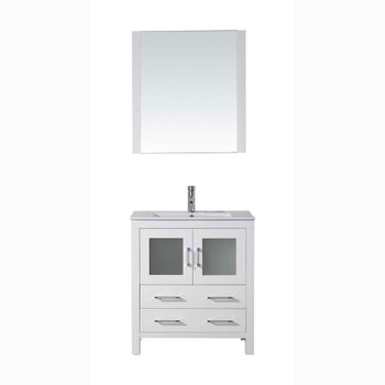 Virtu USA KS-70030-C-WH-001 Dior 30" Single Bath Vanity in White with Slim White Ceramic Top and Square Sink with Brushed Nickel Faucet and Mirror
