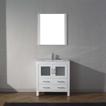 Virtu USA KS-70030-C-WH-001 Dior 30" Single Bath Vanity in White with Slim White Ceramic Top and Square Sink with Brushed Nickel Faucet and Mirror