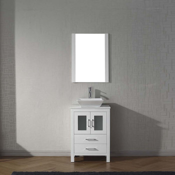 Virtu USA KS-70024-S-WH Dior 24" Single Bath Vanity in White with White Engineered Stone Top and Square Sink with Polished Chrome Faucet and Mirror