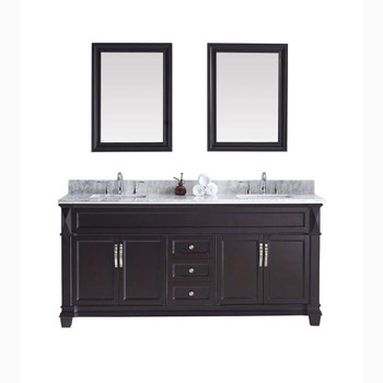 Virtu USA MD-2672-WMSQ-ES-002 Victoria 72" Double Bath Vanity in Espresso with Marble Top and Square Sink with Polished Chrome Faucet and Mirrors