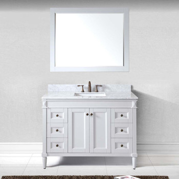 Virtu USA ES-40048-WMSQ-WH-002 Tiffany 48" Single Bath Vanity in White with Marble Top and Square Sink with Polished Chrome Faucet and Mirror