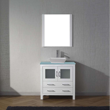 Virtu USA KS-70036-G-WH Dior 36" Single Bath Vanity in White with Aqua Tempered Glass Top and Square Sink with Polished Chrome Faucet and Mirror