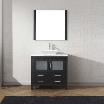 Virtu USA KS-70036-S-ZG Dior 36" Single Bath Vanity in Zebra Grey with White Engineered Stone Top and Square Sink with Polished Chrome Faucet and Mirror