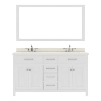 Virtu USA MD-2060-DWQRO-WH-001 Caroline 60" Double Bath Vanity in White with Dazzle White Top and Round Sink with Brushed Nickel Faucet and Mirror