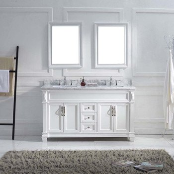 Virtu USA MD-2660-WMSQ-WH-001 Victoria 60" Double Bath Vanity in White with Marble Top and Square Sink with Brushed Nickel Faucet and Mirrors