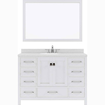 Virtu USA GS-50048-DWQRO-WH-001 Caroline Avenue 48" Single Bath Vanity in White with Dazzle White Top and Round Sink with Brushed Nickel Faucet and Mirror