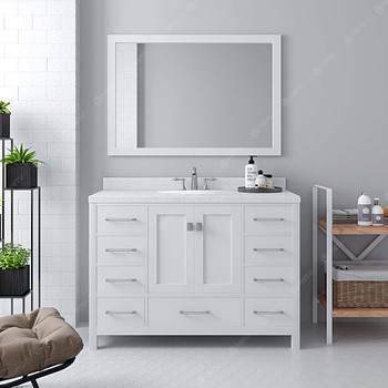 Virtu USA GS-50048-DWQRO-WH-001 Caroline Avenue 48" Single Bath Vanity in White with Dazzle White Top and Round Sink with Brushed Nickel Faucet and Mirror