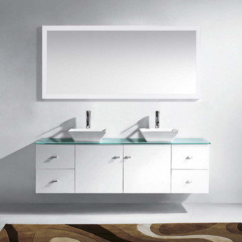 Virtu USA MD-409-G-WH Clarissa 72" Double Bath Vanity in White with Aqua Tempered Glass Top and Square Sink with Polished Chrome Faucet and Mirrors