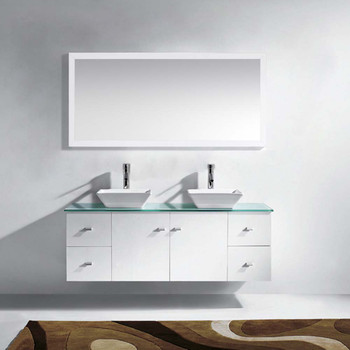 Virtu USA MD-435-G-WH-001 Clarissa 61" Double Bath Vanity in White with Aqua Tempered Glass Top and Square Sink with Brushed Nickel Faucet and Mirrors