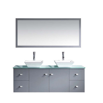 Virtu USA MD-435-G-GR Clarissa 61" Double Bath Vanity in Grey with Aqua Tempered Glass Top and Square Sink with Polished Chrome Faucet and Mirrors