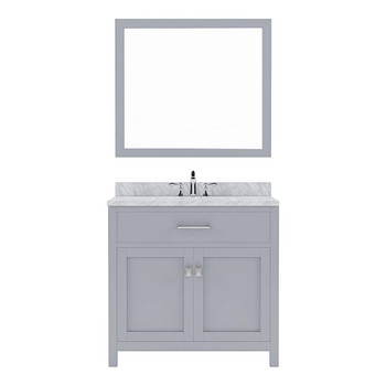 Virtu USA MS-2036-WMRO-GR-001 Caroline 36" Single Bath Vanity in Grey with Marble Top and Round Sink with Brushed Nickel Faucet and Mirror