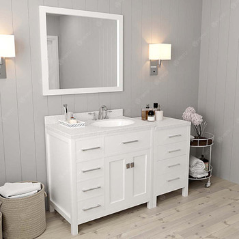Virtu USA MS-2157L-DWQRO-WH-002 Caroline Parkway 57" Single Bath Vanity in White with Dazzle White Top and Round Sink with Polished Chrome Faucet and Mirror