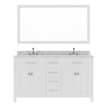 Virtu USA MD-2060-WMRO-WH-001 Caroline 60" Double Bath Vanity in White with Marble Top and Round Sink with Brushed Nickel Faucet and Mirror