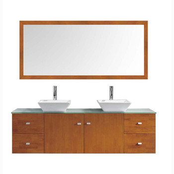 Virtu USA MD-415-G-HO-001 Clarissa 72" Double Bath Vanity in Honey Oak with Aqua Tempered Glass Top and Square Sink with Brushed Nickel Faucet and Mirrors