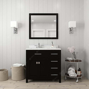 Virtu USA MS-2136R-DWQRO-ES-002 Caroline Parkway 36" Single Bath Vanity in Espresso with Dazzle White Top and Round Sink with Polished Chrome Faucet and Mirror
