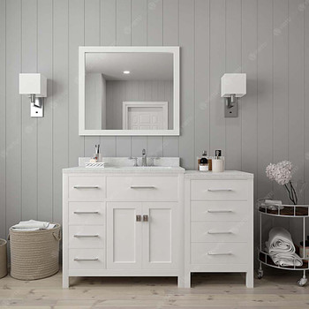 Virtu USA MS-2157L-DWQRO-WH-001 Caroline Parkway 57" Single Bath Vanity in White with Dazzle White Top and Round Sink with Brushed Nickel Faucet and Mirror