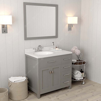 Virtu USA MS-2136R-DWQRO-CG-002 Caroline Parkway 36" Single Bath Vanity in Cashmere Grey with Dazzle White Top and Round Sink with Polished Chrome Faucet and Mirror