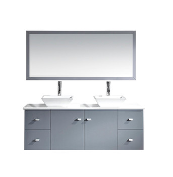 Virtu USA MD-435-S-GR Clarissa 61" Double Bath Vanity in Grey with White Engineered Stone Top and Square Sink with Polished Chrome Faucet and Mirrors