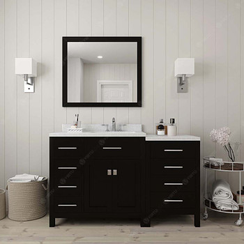 Virtu USA MS-2157L-DWQRO-ES-001 Caroline Parkway 57" Single Bath Vanity in Espresso with Dazzle White Top and Round Sink with Brushed Nickel Faucet and Mirror