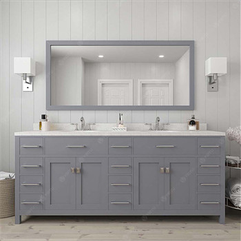 Virtu USA MD-2178-DWQRO-GR-002 Caroline Parkway 78" Double Bath Vanity in Grey with Dazzle White Top and Round Sink with Polished Chrome Faucet and Mirror