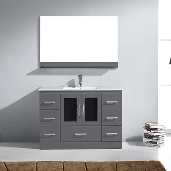 Virtu USA MS-6748-C-GR-001 Zola 48" Single Bath Vanity in Grey with Slim White Ceramic Top and Square Sink with Brushed Nickel Faucet and Mirror