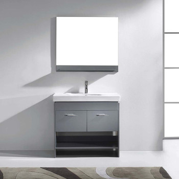 Virtu USA MS-555-C-GR Gloria 36" Single Bath Vanity in Grey with White Ceramic Top and Square Sink with Polished Chrome Faucet and Mirror