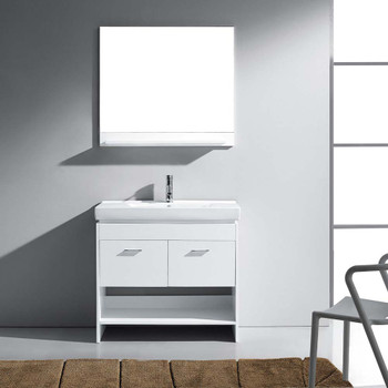 Virtu USA MS-555-C-WH Gloria 36" Single Bath Vanity in White with White Ceramic Top and Square Sink with Polished Chrome Faucet and Mirror