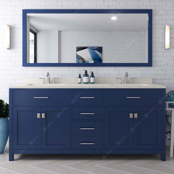 Virtu USA MD-2072-DWQSQ-FB-002 Caroline 72" Double Bath Vanity in White with Dazzle White Top and Square Sink with Polished Chrome Faucet and Mirror