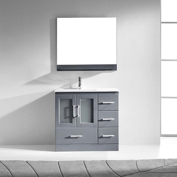 Virtu USA MS-6736-C-GR-001 Zola 36" Single Bath Vanity in Grey with Slim White Ceramic Top and Square Sink with Brushed Nickel Faucet and Mirror