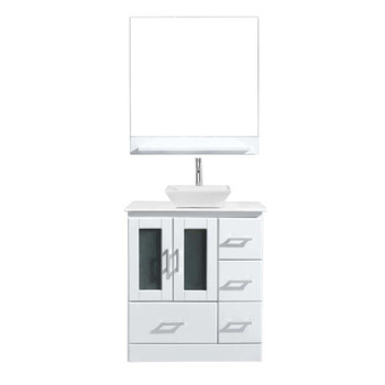 Virtu USA MS-6730-S-WH Zola 30" Single Bath Vanity in White with White Engineered Stone Top and Square Sink with Polished Chrome Faucet and Mirror