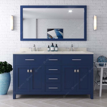 Virtu USA MD-2060-DWQSQ-FB-002 Caroline 60" Double Bath Vanity in White with Dazzle White Top and Square Sink with Polished Chrome Faucet and Mirror